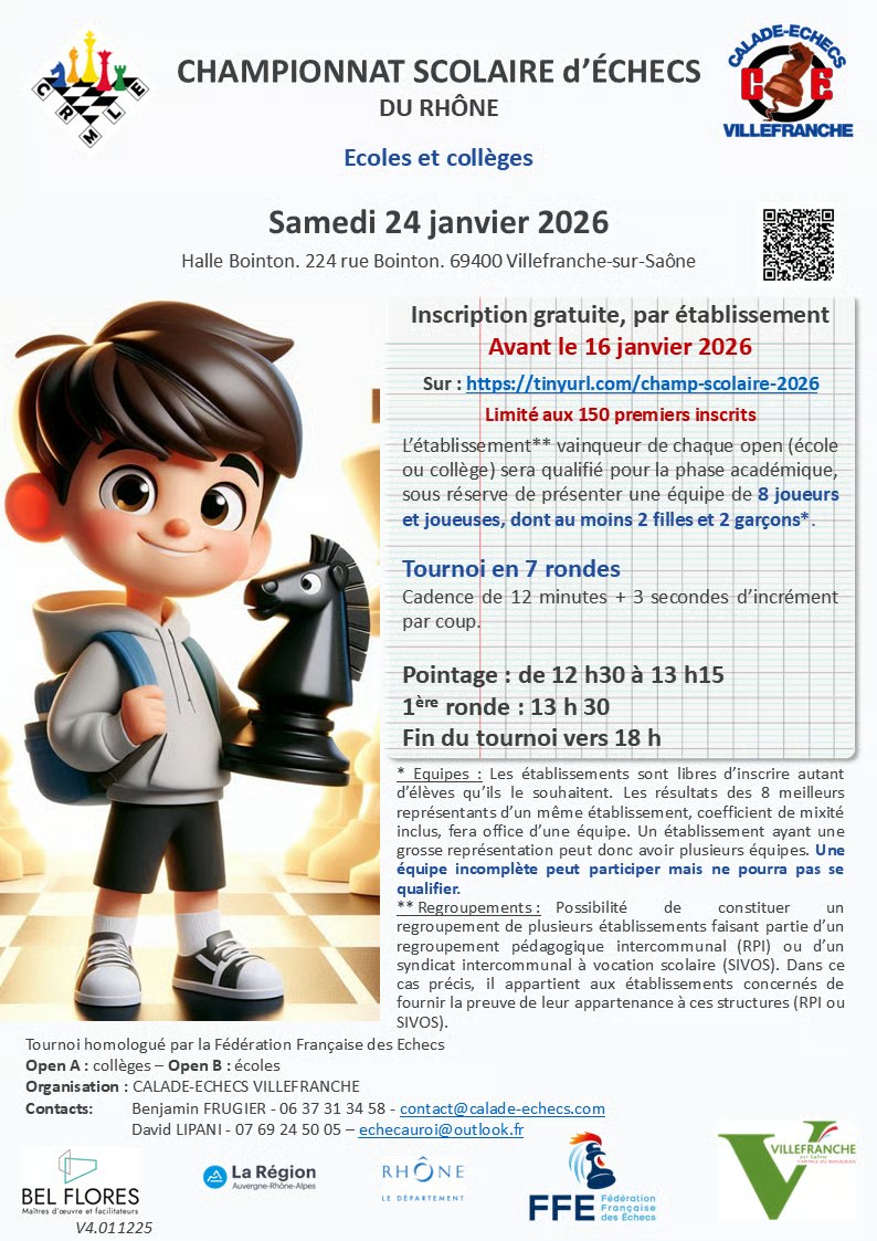 Affiche du tournoi scolaire d’échecs 2025-2026 à Villefranche-sur-Saône